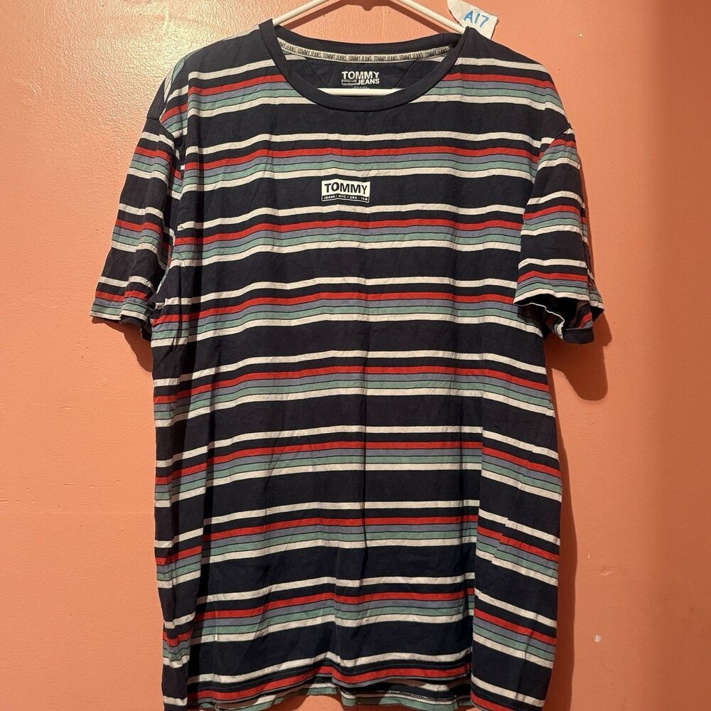 Vintage Tommy Jeans Mens TShirt XL Extra Large Red Black Striped Tee Shirt